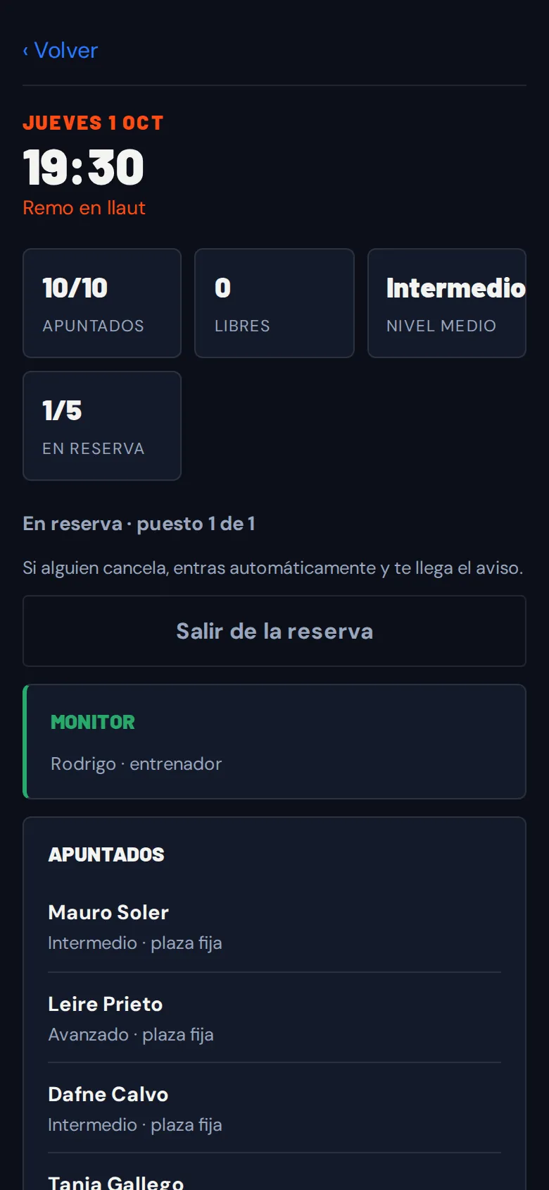 Pantalla de Nautelia: lista de espera automática